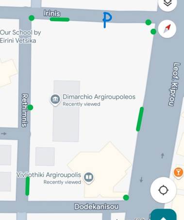 Χάρτης οικοδομικού τετραγώνου με σημειωμένα τα ισόπεδα σημεία και την ισόπεδη διαδρομή